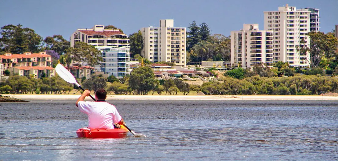 Kayaking to South Perth Beach. Not all Perth Beaches are Indian Ocean Beaches.